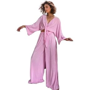 Matching Pj Set Women Pajamas Two Piece Long Sleeve Tie Front Top Elastic Pink Wide Leg Pants Cute Sleepwear