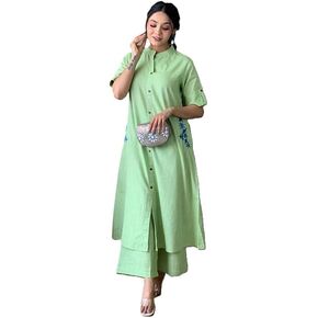Women's Pure Cotton Chick Embroidery Solid Co-Ord Set | Ethnic Half Sleeves Cotton Kurta Pants Set Green