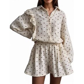 Matching Pj Set Women Pajamas Two Piece Heart Print Long Sleeve Ruffle Top Elastic Wide Leg Shorts Cute Sleepwear