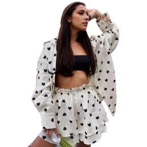 Womens Pajama Sets Pj Set Cute Heart Print Long Sleeve Button Down Shirt Pleated Wide Leg Shorts Casual Sleepwear