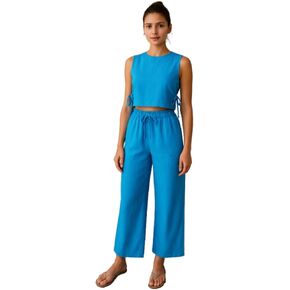 Linen Two Piece Set Women Sleeveless Crop Top Drawstring Wide Leg Pants Summer Vacation Outfits Going Out Loungewear