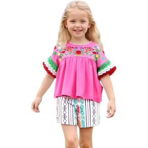 HINTINA Toddler Girl Mexican Embroidered Clothes Short Sleeve Blouse And Casual Shorts Outfits
