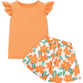 Toddler Baby Girl Summer Clothes Ruffled Sleeve Ribbed Knit T-Shirt Tops Cute Floral Shorts Set 2Pcs Outfits 2-8Y