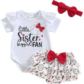 Newborn Baby Girl Baseball Clothes Little Sister Biggest Fan Romper Short Sleeve Top Shorts Set Headband 3Pcs Outfit