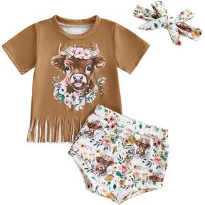 Infant Baby Girl Western Outfit Cow/Boot Short Sleeve Tassel T-Shirt Shorts Headband 3Pcs Set Summer Cowgirl Outfit