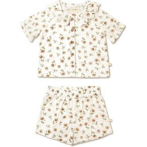 MakeMake Organics GOTS Certified Organic Cotton Baby Kids Toddler Girl Collared Puff Sleeve Top and Shorts Outfit Set