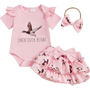 Hunting Baby Girl Clothes Mallard Duck Embroidery Short Sleeve Romper Ruffle Tutu Shorts Set Newborn Summer Outfit