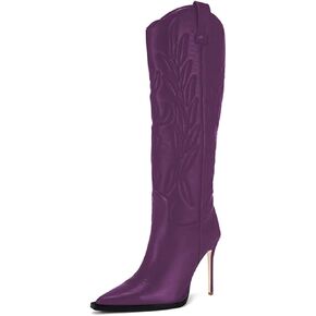 FOWT Women Pointed Toe Knee High Boots Embossing Stiletto High Heel Cowboy Boots Pull on Fashion Street Shoes Size 4-16 US
