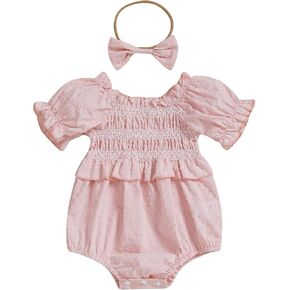 CIYCUIT Baby Girl Smocked Romper Bow Tractor Print Bodysuits Jumpsuits with Headband