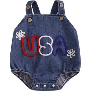 Infant Baby Girl 4th of July Outfits USA Denim Romper Sleeveless Strap Jean Bodysuit Patriotic Clothes