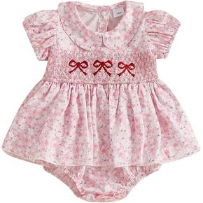 GOOCHEER Newborn Baby Girl Summer Outfits Bow Embroidery Smocked Romper Dress Floral Short Sleeve Bodysuit Jumpsuit Clothes
