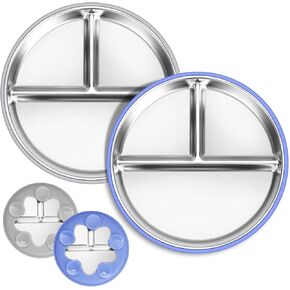 Dualshine 2 Pack Stainless Steel Kids Plates, 9’’ Divided Baby Plates with Suction, Removable Toddler Plates with Silicone Sleeve, Non Toxic & BPA Free, Dishwasher & Microwave Safe