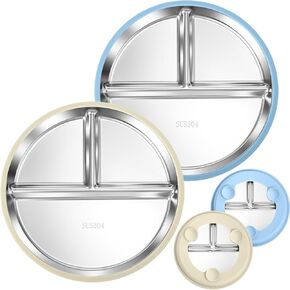 Palksky Baby Plates, Stainless Steel Toddler Plate with Suction, Kids Divided Dishes with Removable Silicone Sleeves, Non Toxic & BPA Free, Dishwasher Safe, Set of 2