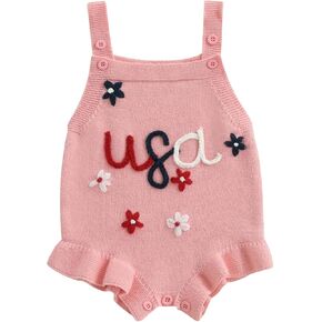Infant Baby Girl 4th of July Outfit Newborn Sleeveless Button USA Flower Embroidery Romper