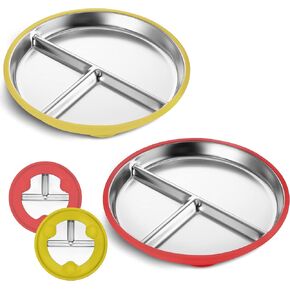 Stainless Steel Toddler Plate with Suction – Divided Baby Plates with Removable Silicone Sleeves | Non-Slip, Unbreakable, BPA-Free | Perfect for Kids(Round_Pink/purple)