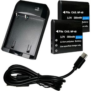 NP-40 Battery Charger, Digital Camera Battery Charger with 2 Pieces CAS. NP-40 3.7V 800mAh Li-ion Rechargeable Battery and Type-C Charging Cable