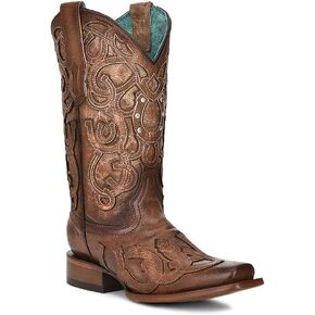 Corral Ladies Ld Brown Horseshoe Overlay & Embroidery & Crystals Sq. Toe, Square Toe, Leather Sole, 11" Shaft, Cowhide Leather, Western Boot, Brown Z5136 Size
