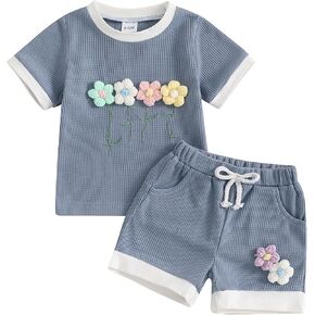Toddler Baby Girl Summer Clothes Waffle 3D Floral Short Sleeve Tops Elastic Waist Shorts Cute Infant Outfits