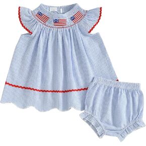 Newborn Baby Girl 4th of July Clothes Plaid Firework Embroidery Ruffle Sleeveless Tops Shorts Set Patriotic Outfit