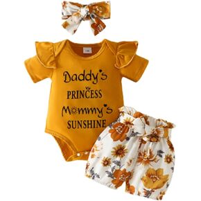 RONGTAI Baby Girl Clothes Outfits Summer Infant Newborn Short Sleeve Letter Print Romper Shorts with Headband 0-18 Months