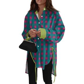Womens Fashion 2024 Shacket Casual Oversized Flannel Plaid Button Down Long Sleeve Shirts Blouse Tops with Pocket