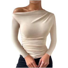 Off Shoulder Tops for Women Long Sleeve Ruched Going Out Tops Solid Color Sexy Slim Fit Basic Tees Y2k Tight Shirt