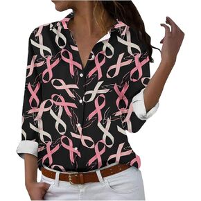 October Breast Cancer Awareness Shirts for Women Pink Ribbon Print Long Sleeve Collared V Neck Button Down Work Blouses