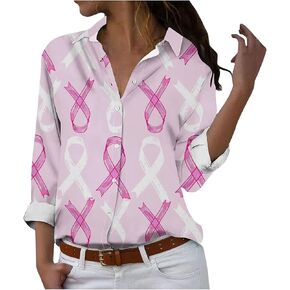 October Breast Cancer Awareness Shirts for Women Pink Ribbon Print Long Sleeve Collared V Neck Button Down Work Blouses in Kuwait