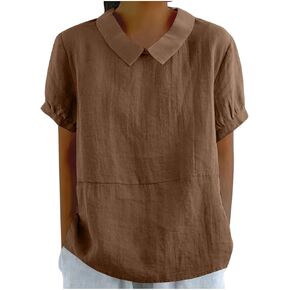 Women Cotton Linen Tops Casual Short Sleeve Collared T Shirts Baggy Summer Work Blouses Solid Dress Tunic Tops