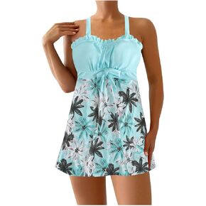 Plus Size Tankini Swimwear for Women Floral Print Modest Flowy Skirt Beach Swimsuit with Triangle Bottom