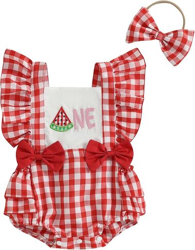 GOOCHEER Baby Girl First Birthday Outfit ONE Embroidery Plaid Romper Bodysuit One Year Old Cake Smash Clothes in Saudi Arabia