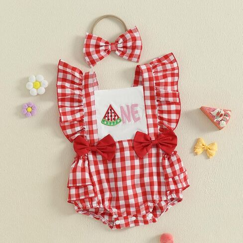 GOOCHEER Baby Girl First Birthday Outfit ONE Embroidery Plaid Romper Bodysuit One Year Old Cake Smash Clothes in Saudi Arabia