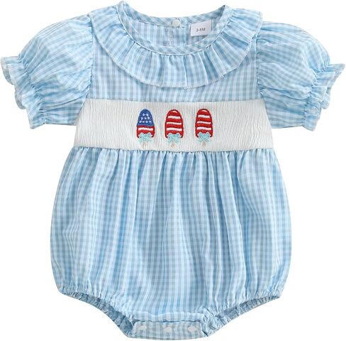 Kupretty Baby Girl Embroidery Smocked Romper Plaid Short Puff Sleeve Ruffle Collar Gingham Bubbles Playsuit Summer Clothes in Kuwait