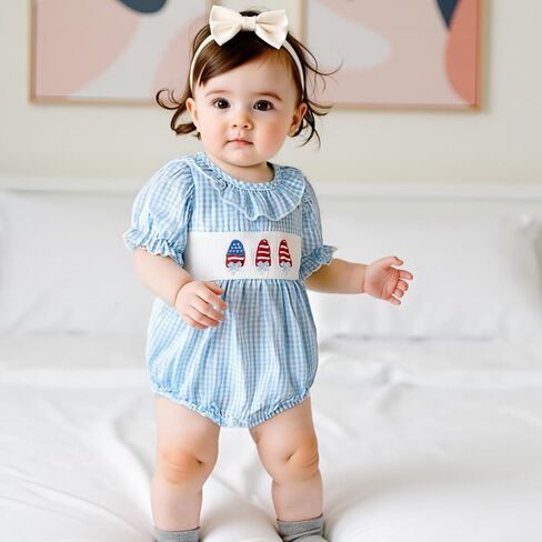 Kupretty Baby Girl Embroidery Smocked Romper Plaid Short Puff Sleeve Ruffle Collar Gingham Bubbles Playsuit Summer Clothes in Kuwait