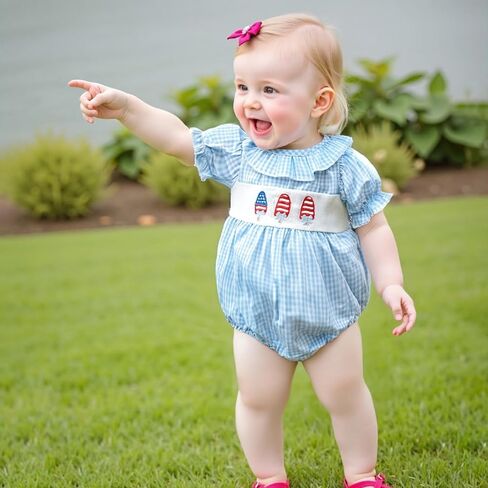 Kupretty Baby Girl Embroidery Smocked Romper Plaid Short Puff Sleeve Ruffle Collar Gingham Bubbles Playsuit Summer Clothes in Kuwait