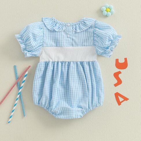 Kupretty Baby Girl Embroidery Smocked Romper Plaid Short Puff Sleeve Ruffle Collar Gingham Bubbles Playsuit Summer Clothes in Kuwait
