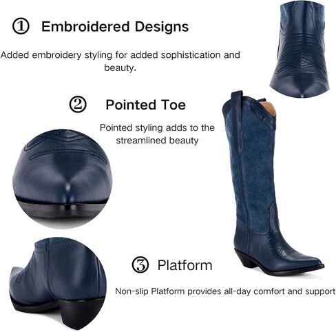 Knee High Cowgirl Boots for Women Platform Block Pointed Toe Casual Fashion Embroidered Boots in Kuwait