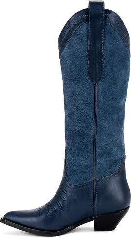 Knee High Cowgirl Boots for Women Platform Block Pointed Toe Casual Fashion Embroidered Boots in Kuwait