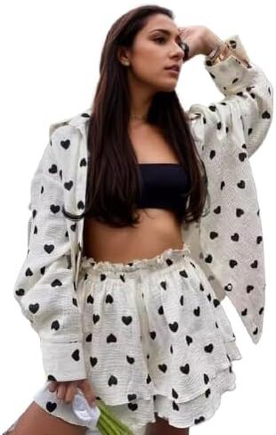 Womens Pajama Sets Pj Set Cute Heart Print Long Sleeve Button Down Shirt Pleated Wide Leg Shorts Casual Sleepwear in Saudi Arabia