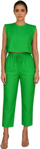 Linen Two Piece Set Women Sleeveless Crop Top Drawstring Wide Leg Pants Summer Vacation Outfits Going Out Loungewear in Saudi Arabia
