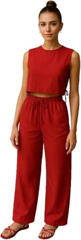 Linen Two Piece Set Women Sleeveless Crop Top Drawstring Wide Leg Pants Summer Vacation Outfits Going Out Loungewear in Saudi Arabia