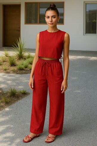 Linen Two Piece Set Women Sleeveless Crop Top Drawstring Wide Leg Pants Summer Vacation Outfits Going Out Loungewear in Saudi Arabia