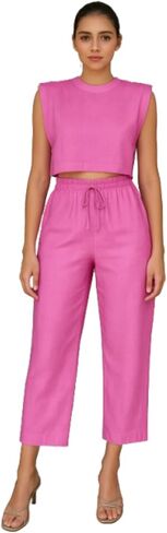 Linen Two Piece Set Women Sleeveless Crop Top Drawstring Wide Leg Pants Summer Vacation Outfits Going Out Loungewear in Saudi Arabia