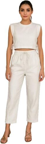 Linen Two Piece Set Women Sleeveless Crop Top Drawstring Wide Leg Pants Summer Vacation Outfits Going Out Loungewear in Saudi Arabia