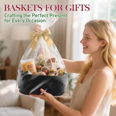 Woven Basket with Gift Bags and Ribbons, 14"X 10" X 6" Gift Storage Organizer Bin Shelf Shelves Cotton Rope Basket for Nursery, Pet Toys (Black) in Kuwait