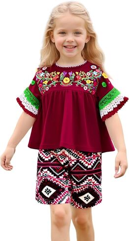 Hintina Toddler Girl Mexican Mexican Servidered Service Short Sleeve Blouse و Shorts Shorts غير الرسمية in Kuwait