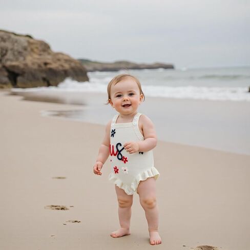 Infant Baby Girl 4th of July Outfit Newborn Sleeveless Button USA Flower Embroidery Romper in Saudi Arabia