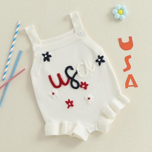Infant Baby Girl 4th of July Outfit Newborn Sleeveless Button USA Flower Embroidery Romper in Saudi Arabia