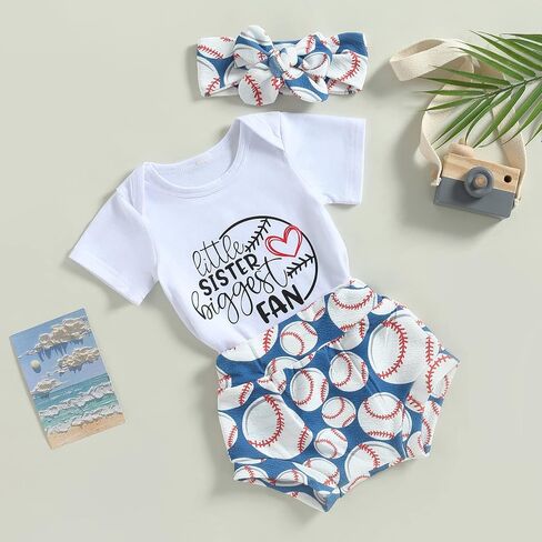 Baby Girl Baseball Outfit Short Sleeve Biggest Fan Letter Bodysuit+Bloomer Shorts with Headband 3Pcs Summer Clothes in Saudi Arabia