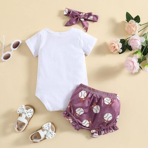 Baby Girl Baseball Outfit Short Sleeve Biggest Fan Letter Bodysuit+Bloomer Shorts with Headband 3Pcs Summer Clothes in Saudi Arabia